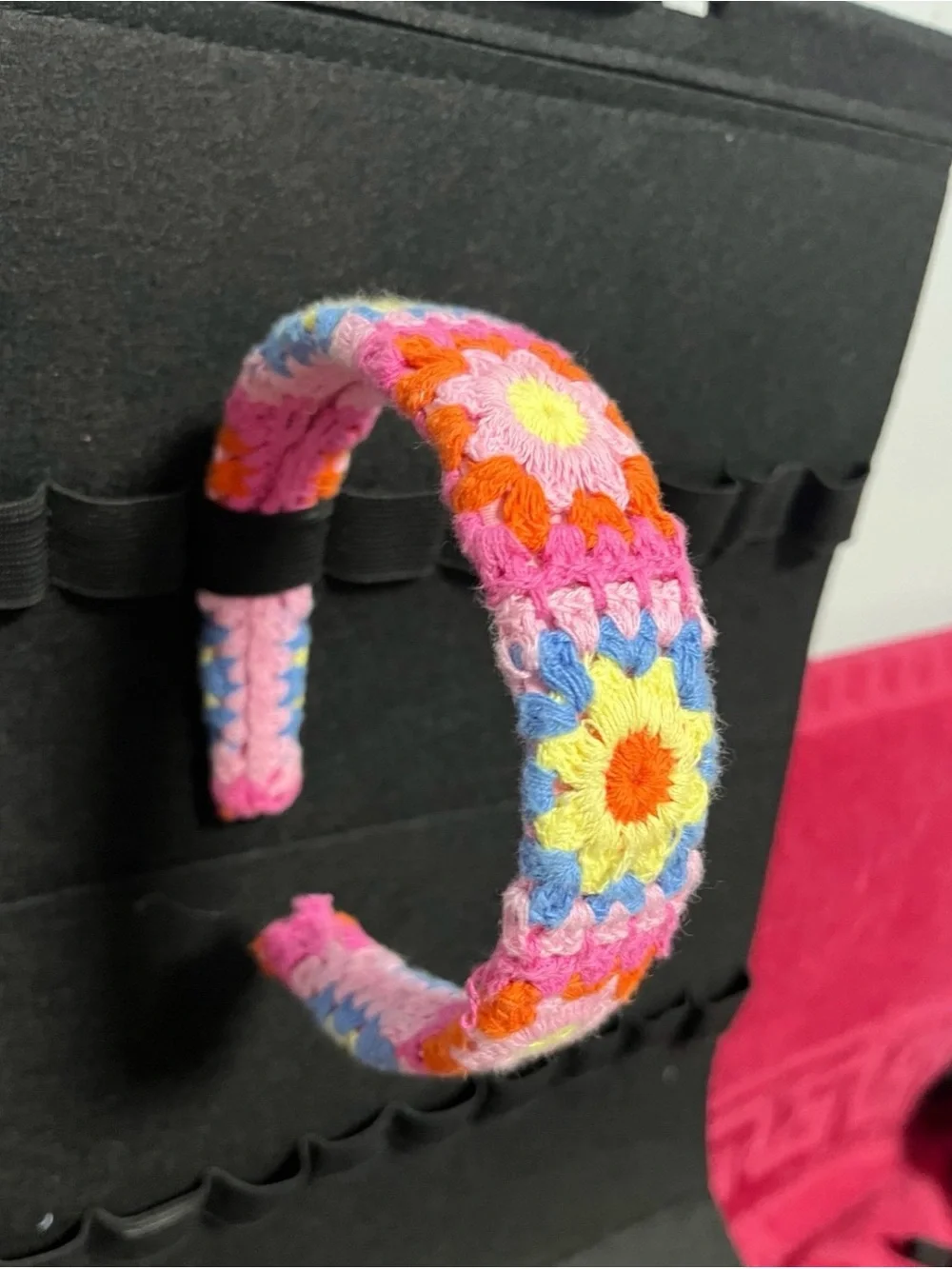 Colorful Crochet Flower Headband - Pink, Yellow & Blue
